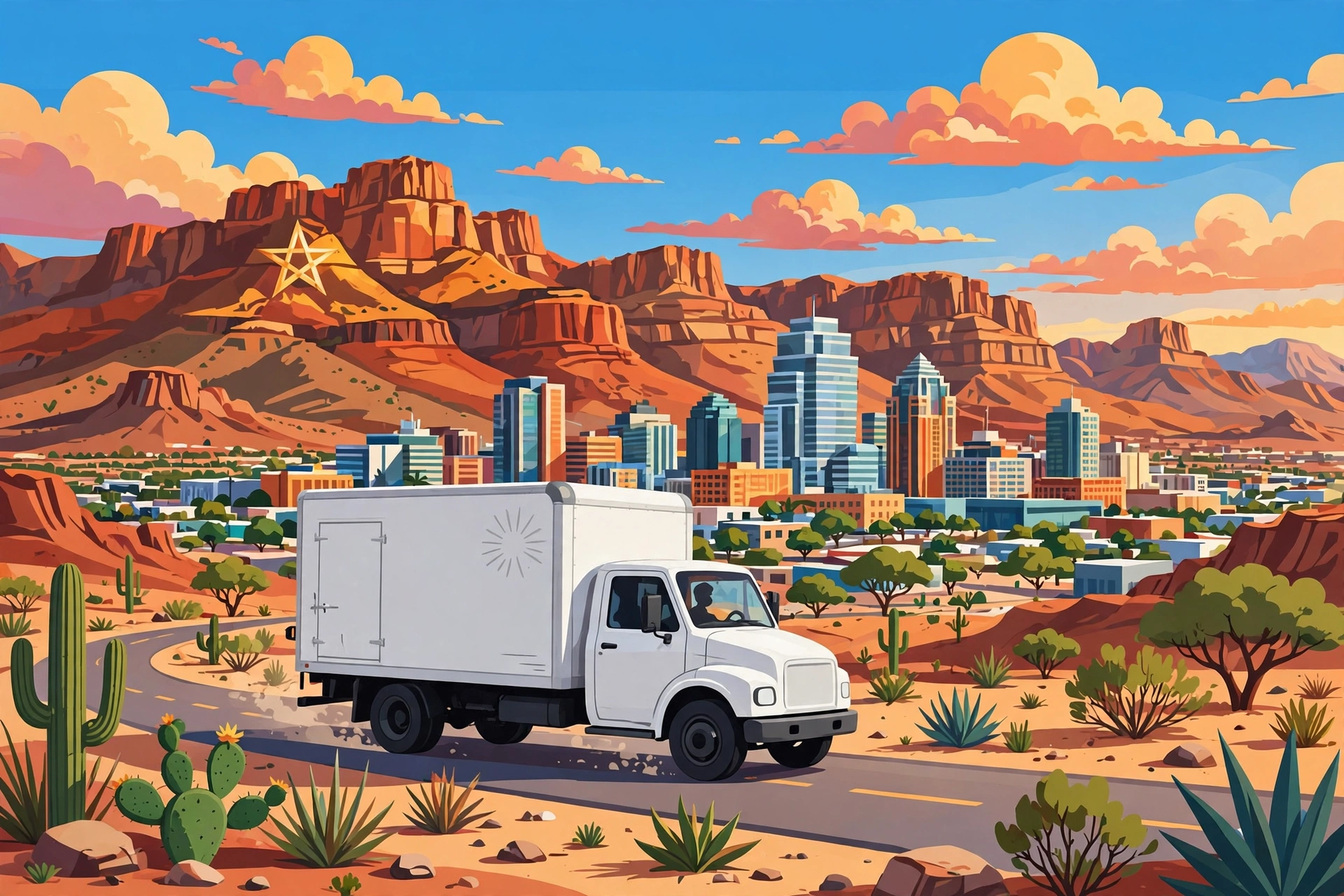 Colorful El Paso moving truck with the city skyline and Franklin Mountains