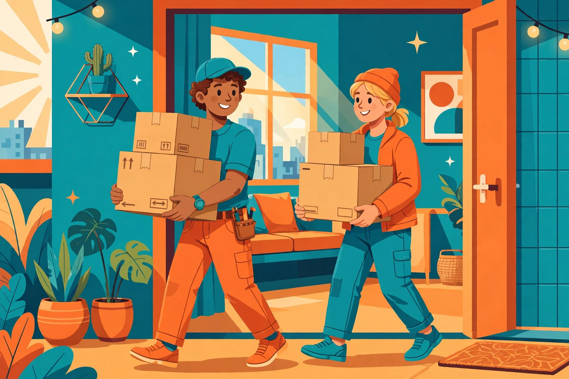 Movers carrying boxes into an apartment