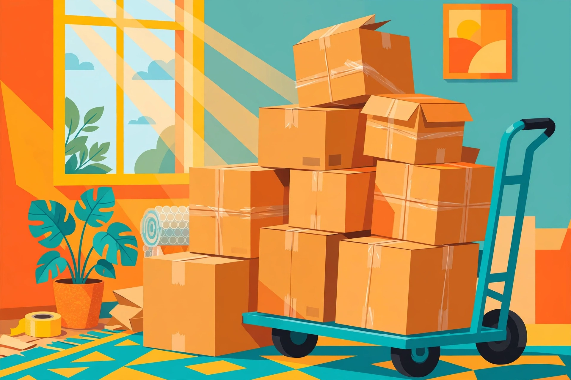 Colorful packed moving boxes with a hand truck